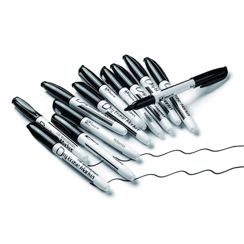 Volcanics Black Dry Erase Markers Low Odor Fine Whiteboard Markers Thin Box of 12 - Image 1